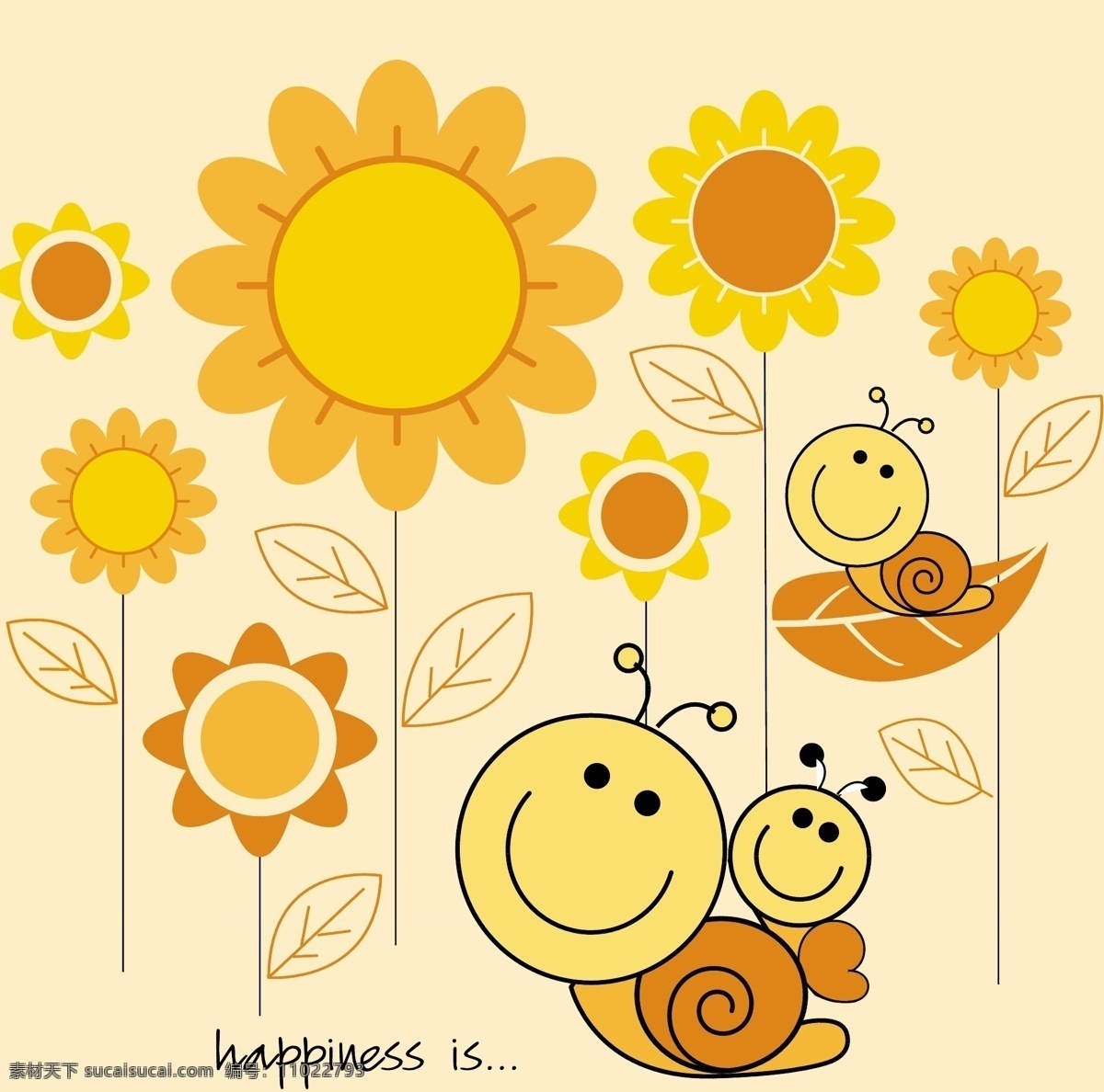 蜗牛 幸福 生活 幸福的蜗牛 蜗牛一家 向日葵 卡通形象 童装图案 手绘插画 底纹背景 底纹边框 矢量