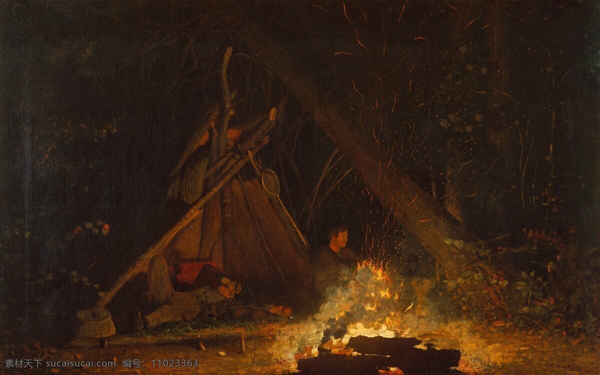 温斯 洛 霍默 水彩画 温斯洛霍默 美国 水彩 美术 绘画 帐篷 夜晚 晚上 篝火 绘画书法 文化艺术