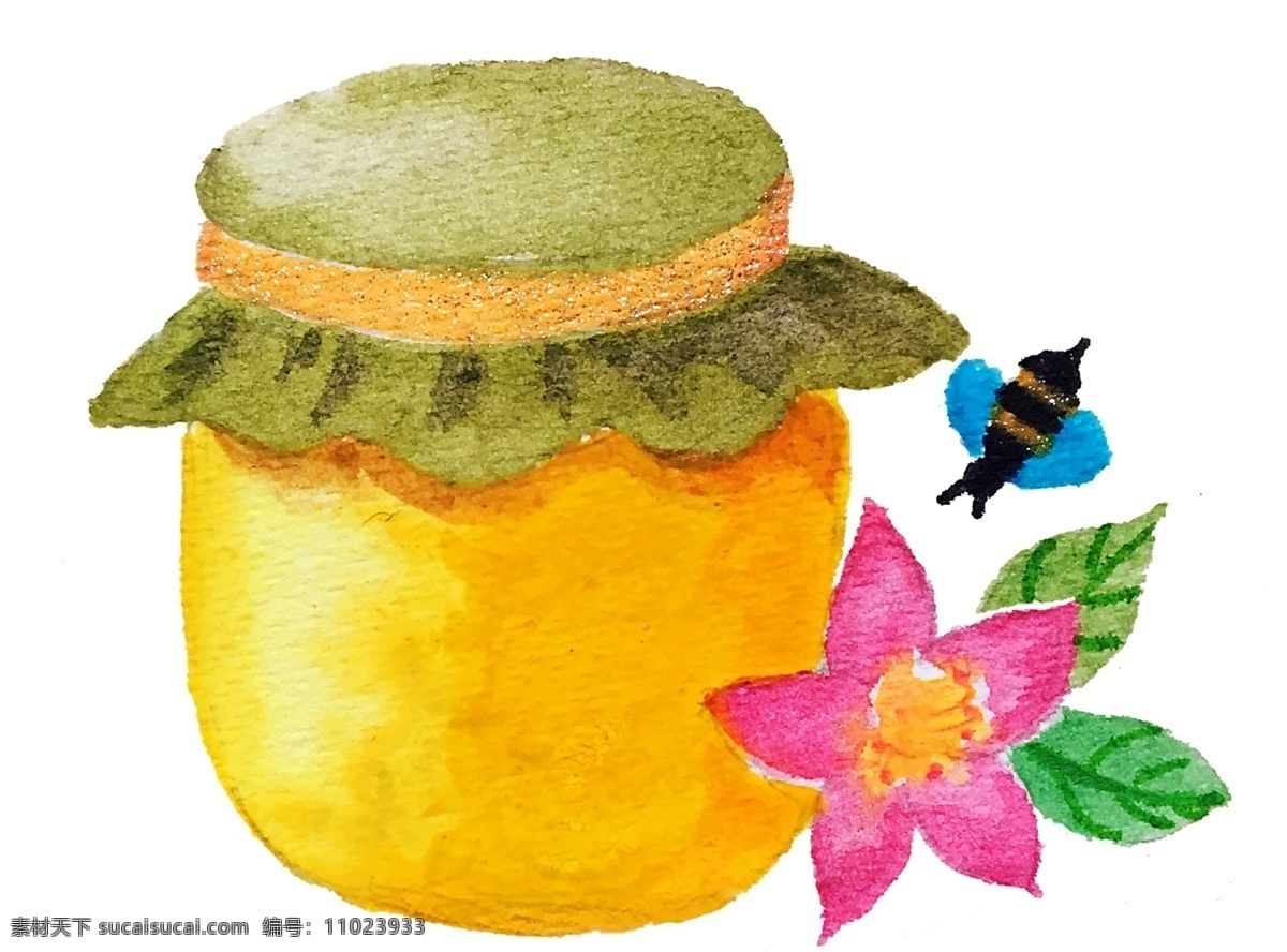 手绘 水彩 蜂蜜 瓶 插画 瓶子 封盖的瓶子 花朵 绿叶 小蜜蜂 蜂蜜罐 蜜罐 蜂蜜瓶 手绘水彩瓶子