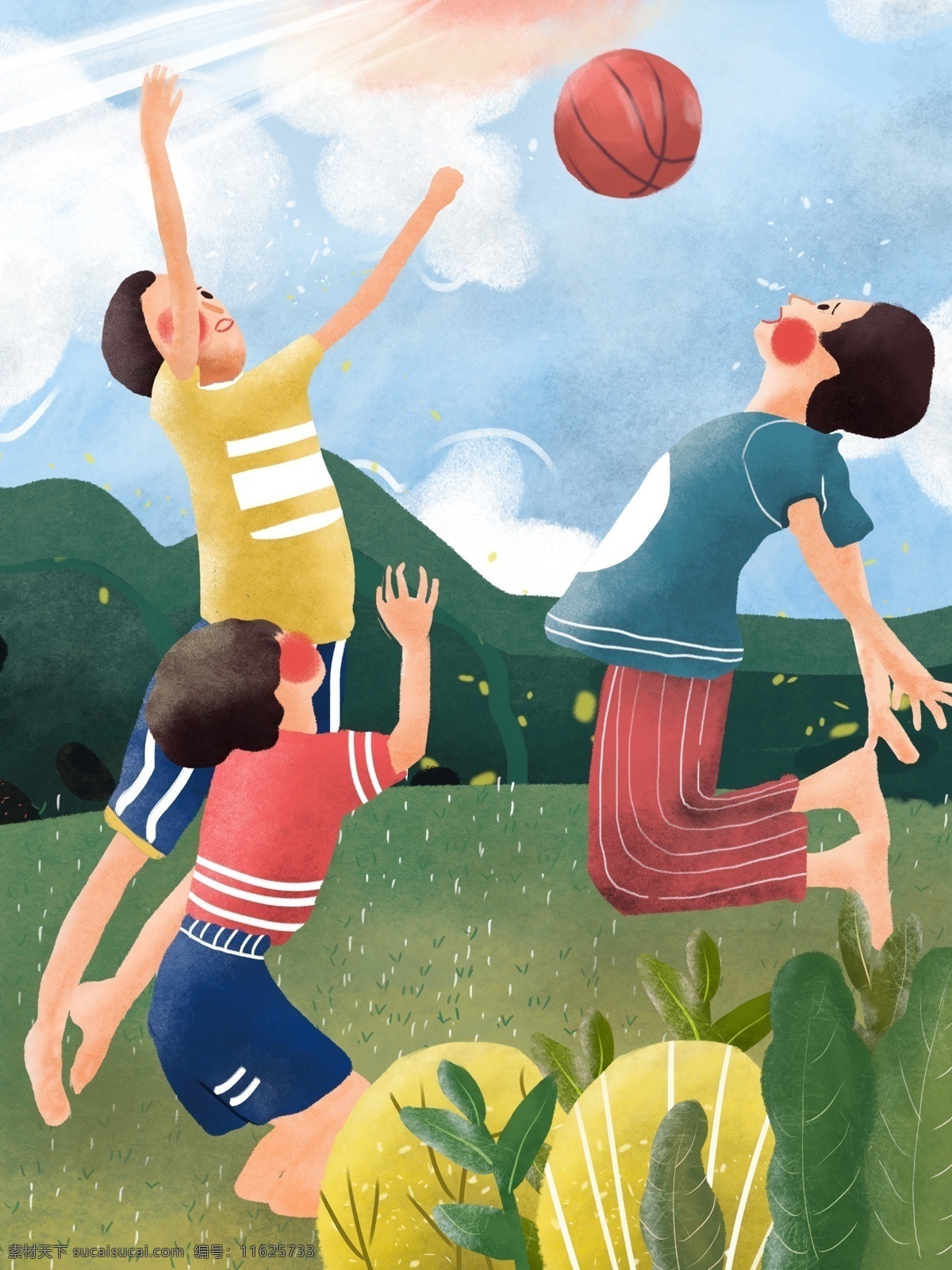 儿童节 儿童 草地 上 玩 篮球 原创 插画 活力 玩耍 小清新