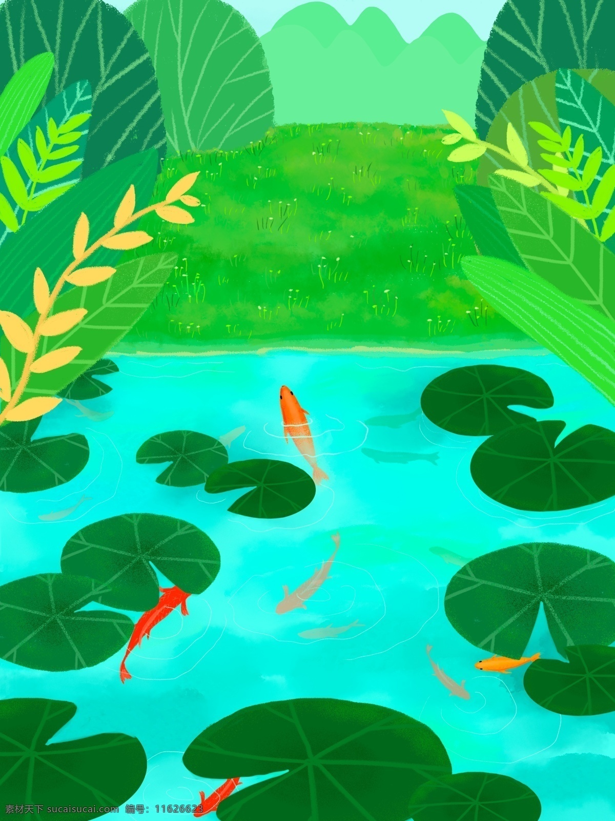 夏天 绿色 户外 池塘 背景 卡通 彩色 创意 装饰 设计背景 海报背景 简约 图案