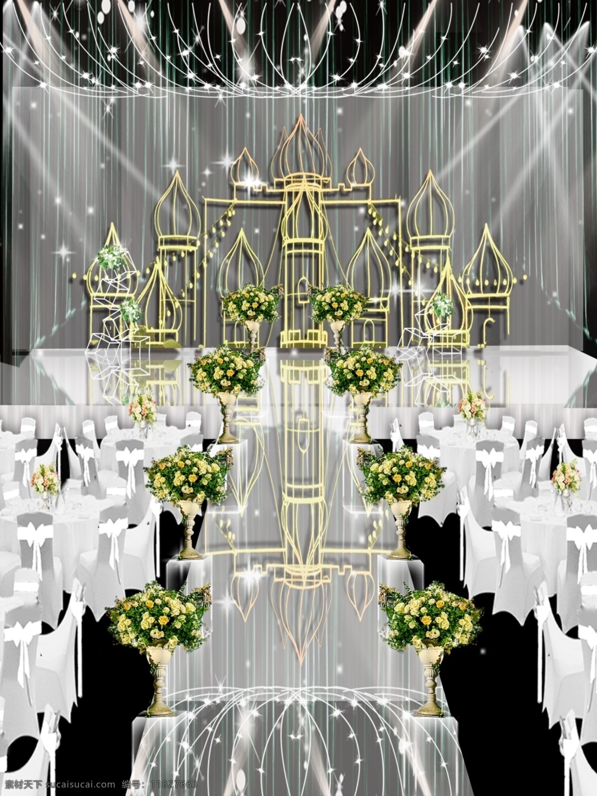 梦幻 城堡 彩灯 高雅 婚礼 效果图 鲜花 高端 婚礼效果图 分层 源文件