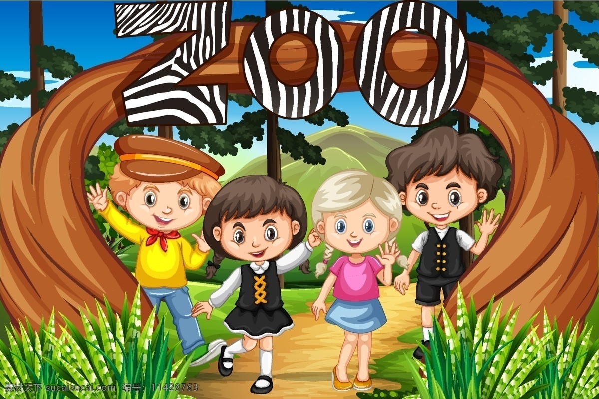 卡通 儿童 动物园 卡通儿童 快乐 学生 玩 野生动物园 公园 园林 卡通设计