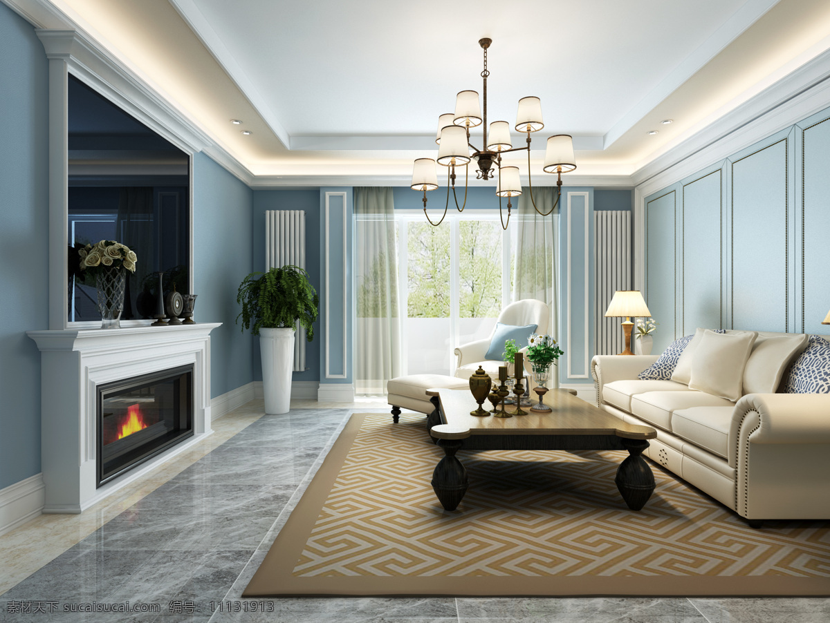 美式 清新 客厅 白色 壁炉 室内装修 效果图 大理石地板 浅褐色地毯 方形茶几 米色沙发