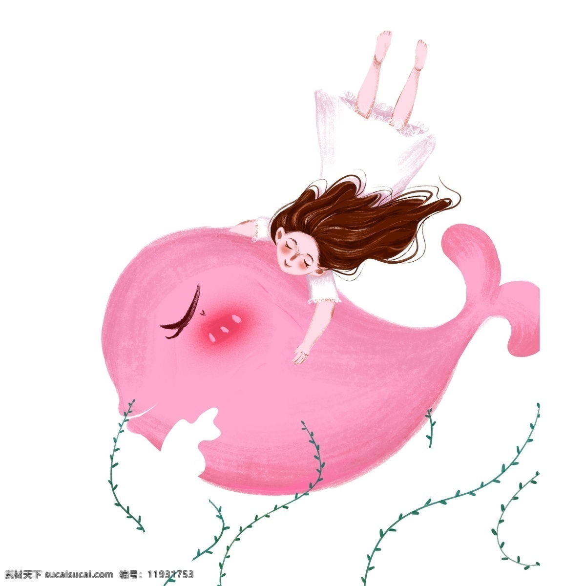 唯美 手绘 抱 鲸鱼 少女 治愈系 插画 女孩 女生 清新