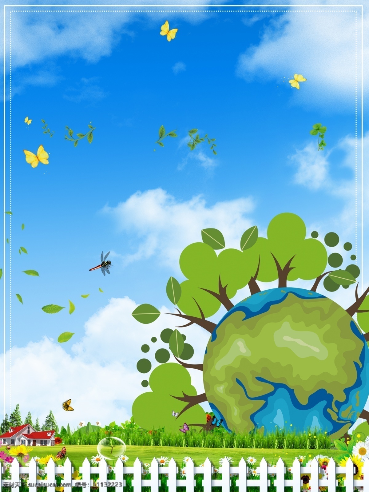 清新 地球日 创意 背景 保护环境 蓝色 树林 世界地球日 栅栏 花园 蓝天 蜻蜓 背景设计 通用背景 促销背景 背景展板图