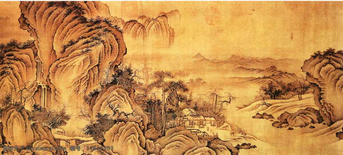 山水 名画 书画 秋山 萧 寺 图 二部 分 古画 山水画 书画真迹 中国水墨画 秋山萧寺图 文化艺术