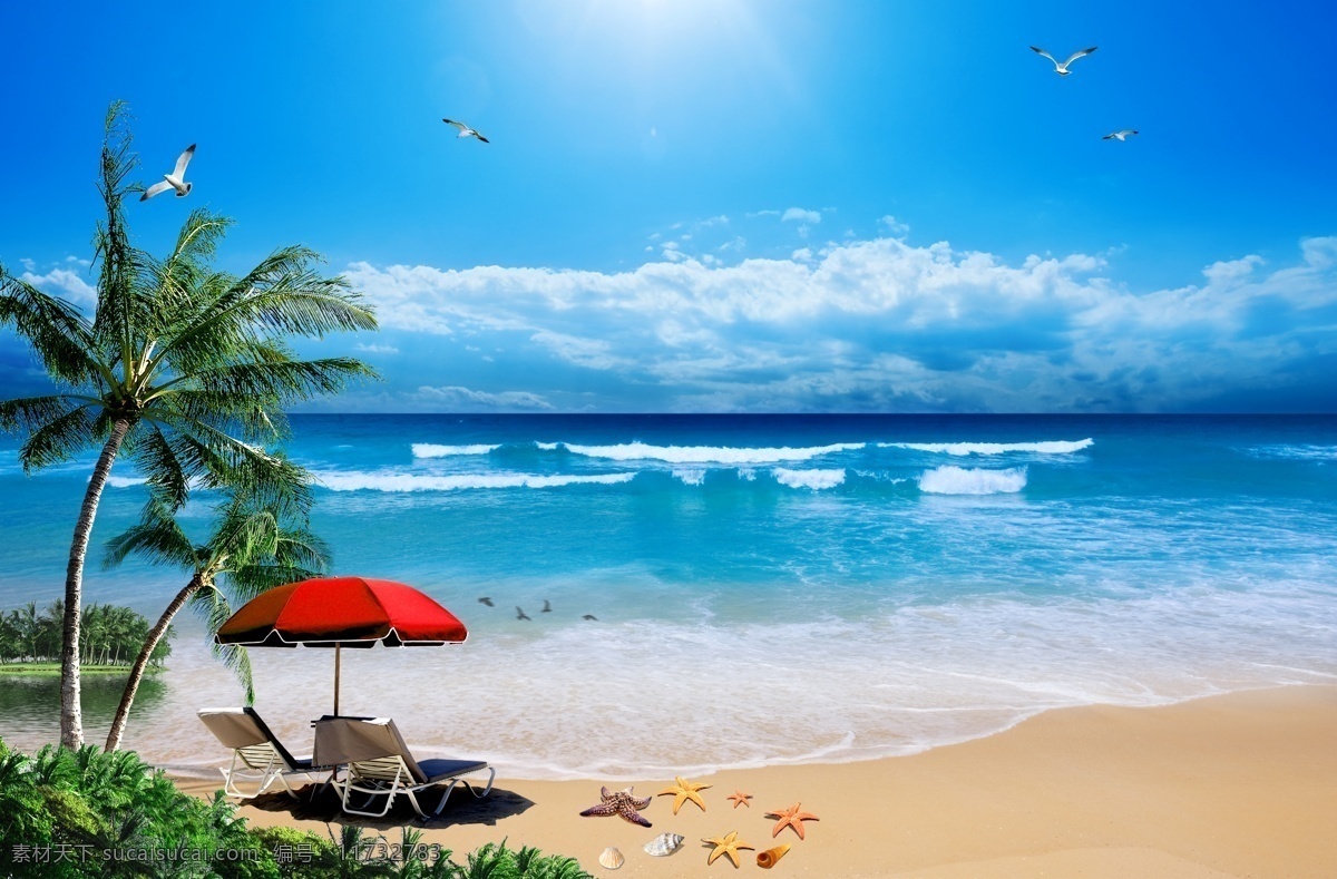 dm 分层 贝壳 大海 风景 海鸥 海滩 蓝天 椰树 模板下载 椰树蓝天 亭子 休闲椅 海报 展板 源文件 其他海报设计