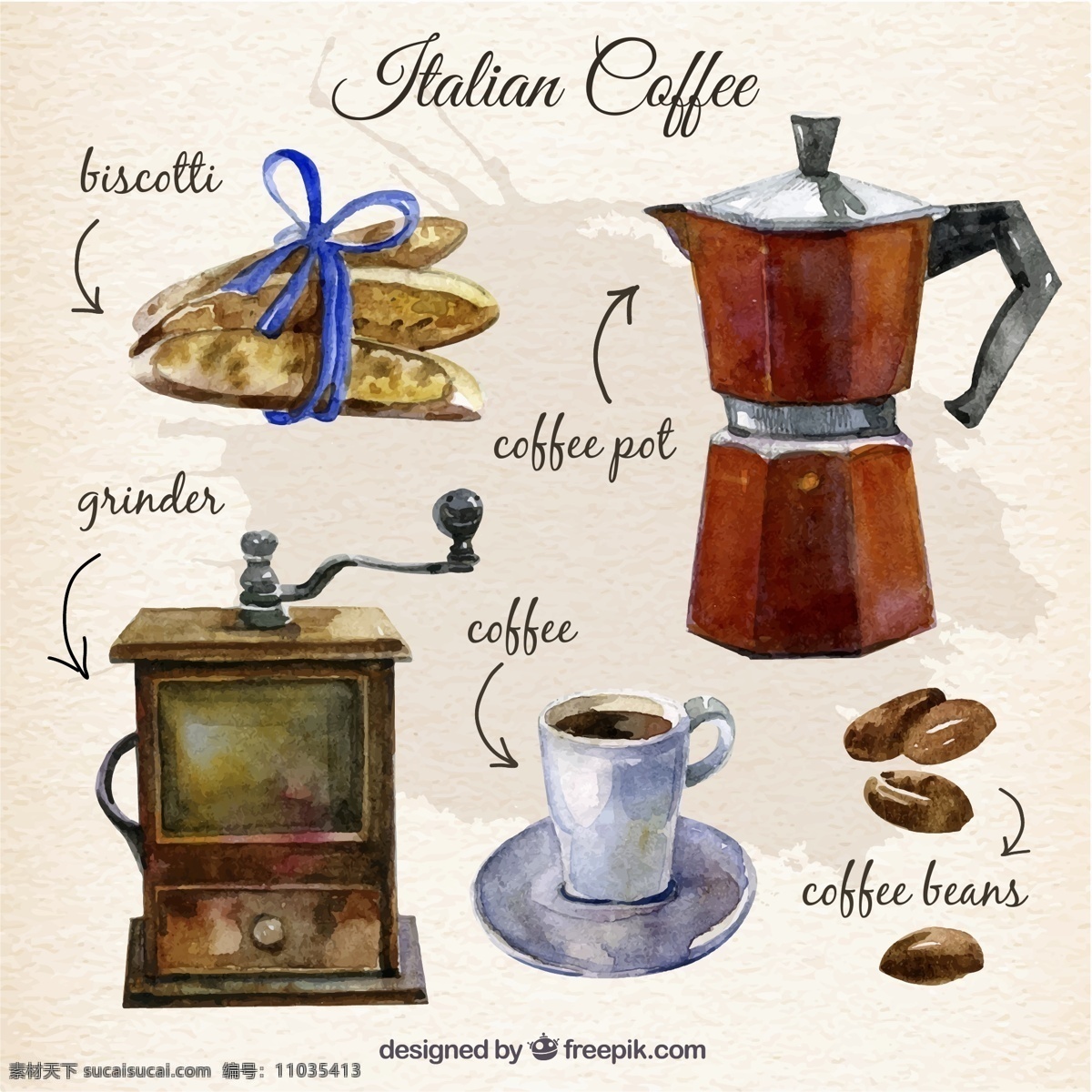 手动 咖啡 研磨机 意式咖啡 矢量图.. 意大利 饼干 咖啡壶 咖啡豆 咖啡杯 水彩 饮品 白色