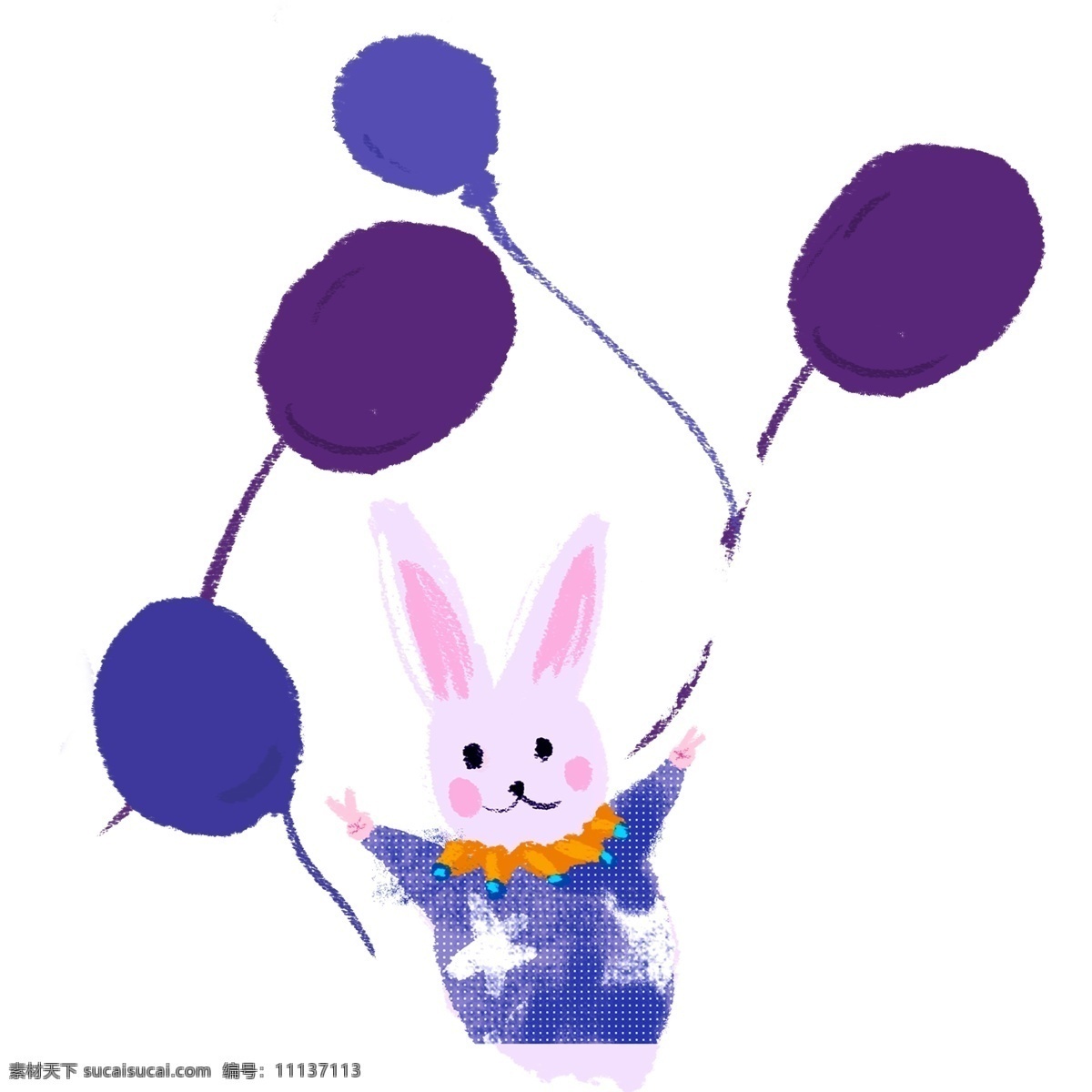 紫色 圆弧 小 兔子 气球 元素 创意 装饰 绳子 卡通插画 耳朵 可爱 穿着 衣服 服装 白色 五角星 小宠物