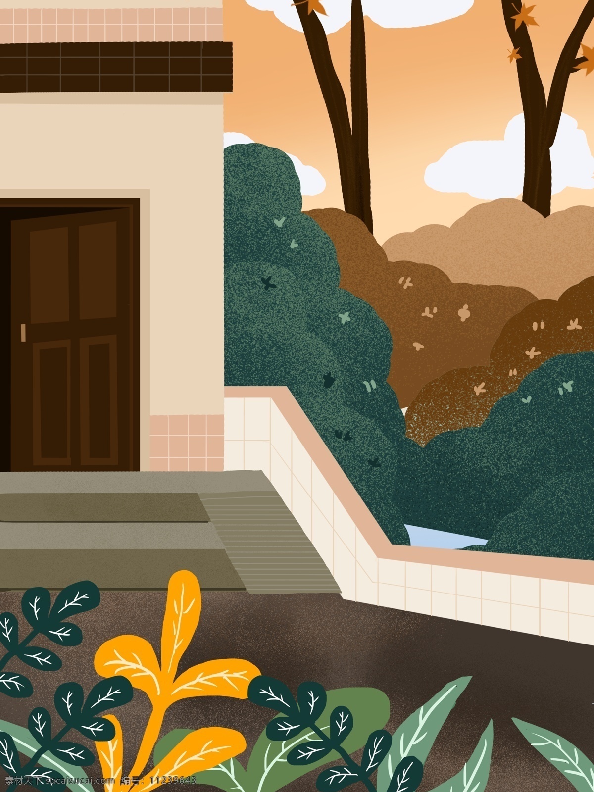 清新 浪漫 手绘 房屋 插画 背景 广告背景 背景素材 树木 植物 背景展板 房屋插画背景