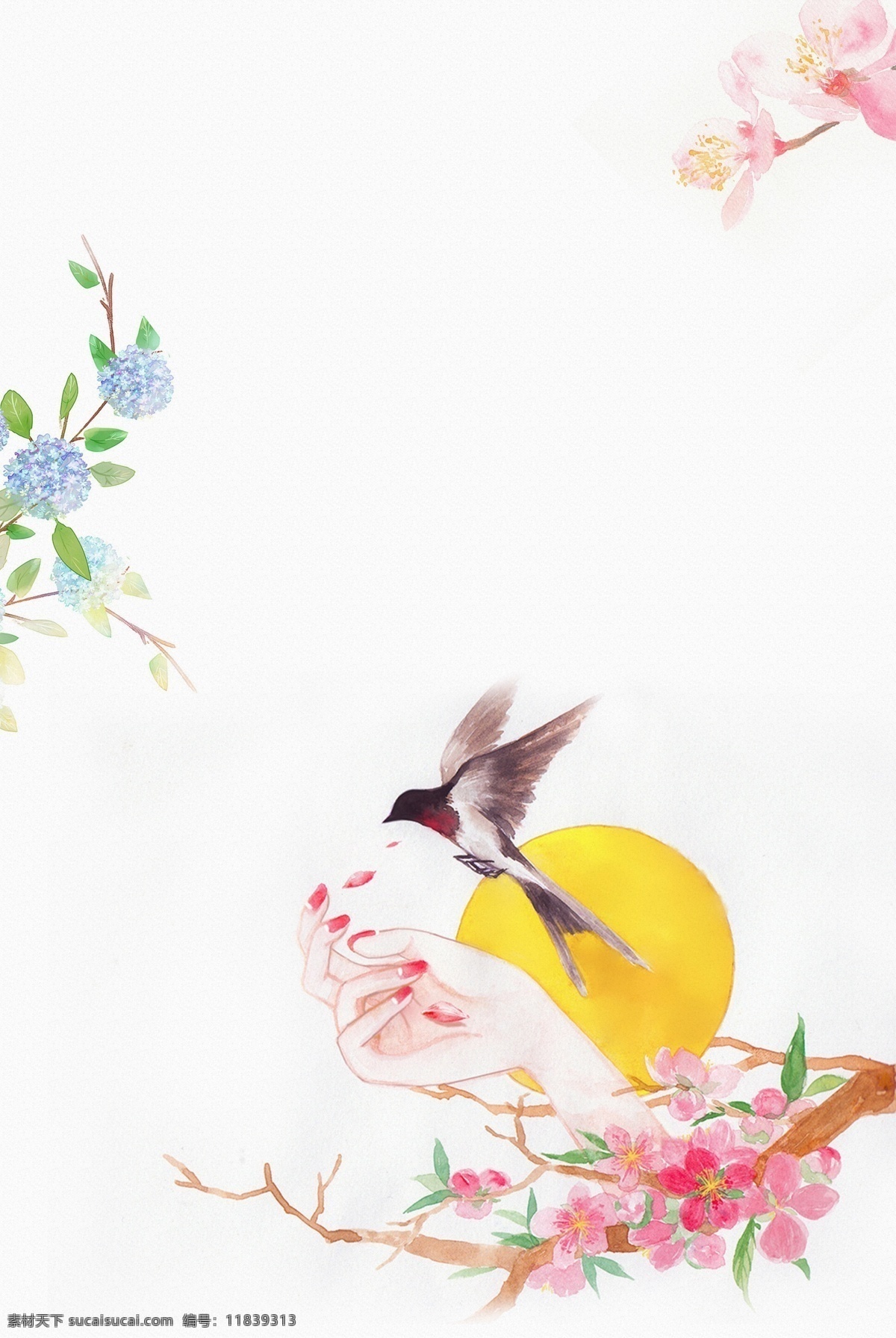古风 花枝 小鸟 手绘 背景 图 花鸟 古风背景 花朵 花卉 花鸟海报 彩绘花鸟图 花鸟素材 鸟语花香 风景画