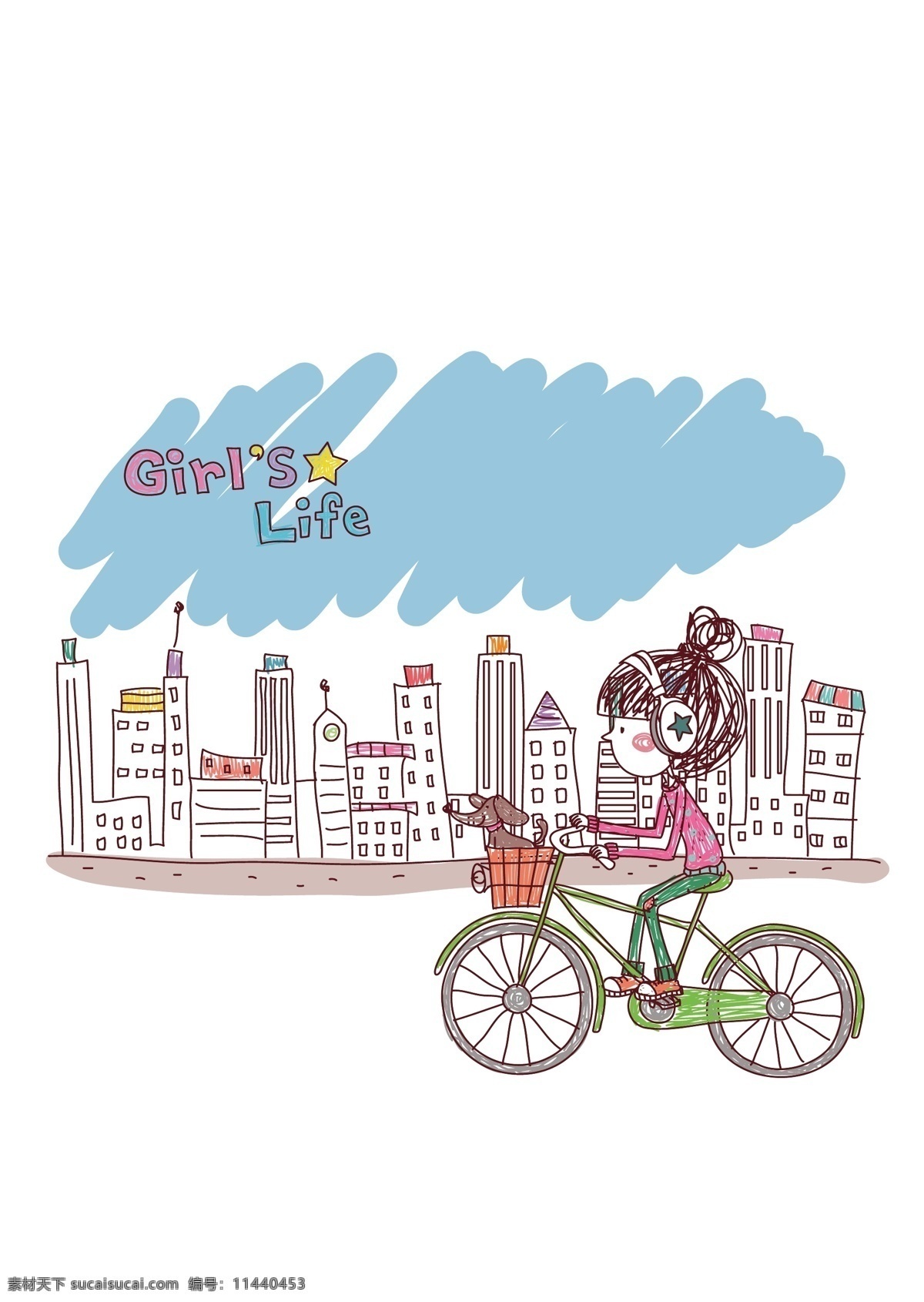 矢量 城市 骑车 的卡 通 女生 生活 girl 单车 卡通 手绘 插图 插画 底纹边框 背景底纹
