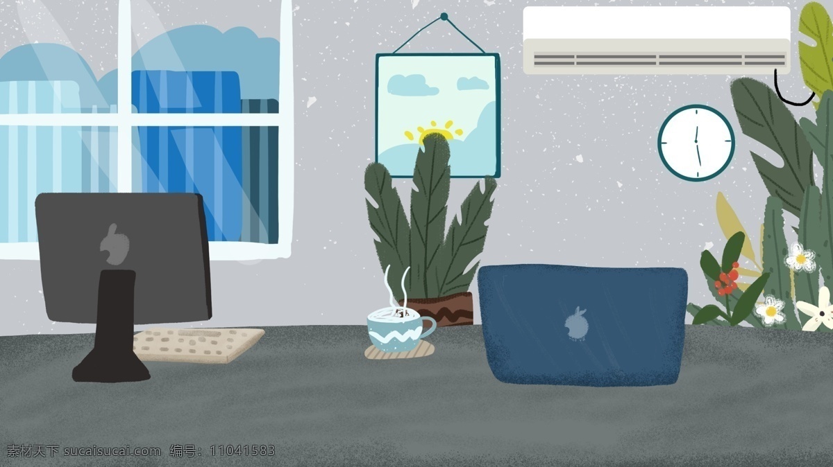 桌子 上 电脑 卡通 背景 室内 窗户 植物 摆设