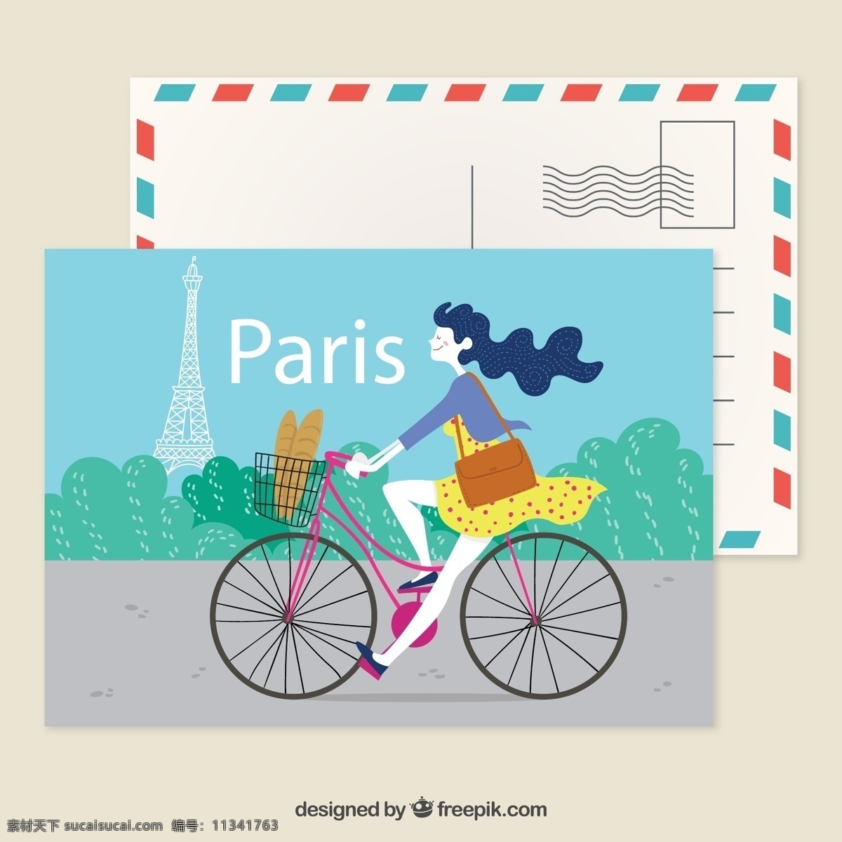 骑 单车 女子 明信片 树木 彩绘 法式面包 埃菲尔铁塔 旅行 创意 矢量 高清图片