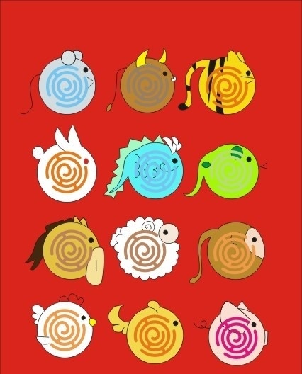 十二生肖 鼠 牛 虎 兔 龙 蛇 马 羊 猴 鸡 狗 猪 玩具 卡通设计 矢量