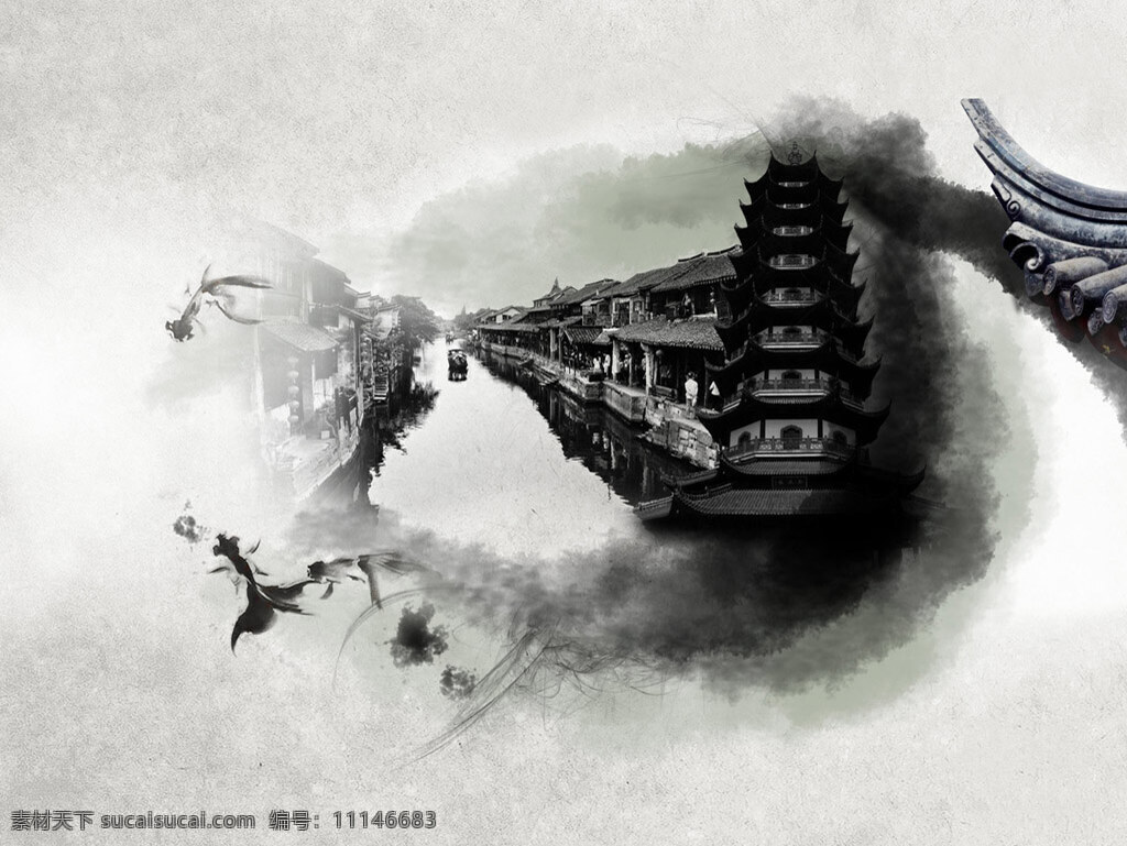 中国 风 水墨 意境 山水风景 水墨画 中国风 楼台 背景图片