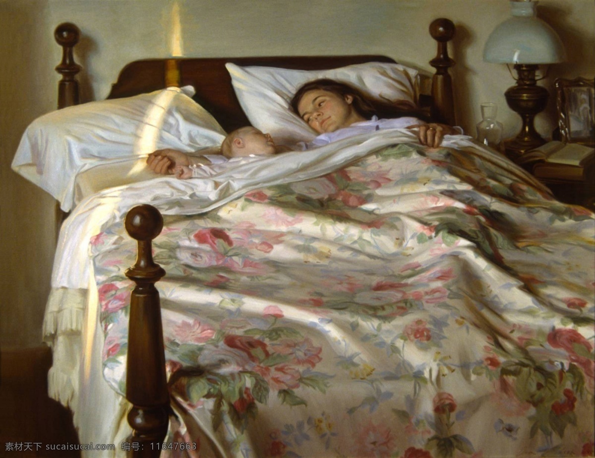 母子 油画 bmp 绘画书法 母爱 睡觉 文化艺术 母子油画 清晨母子 床上母子 梦醒 家居装饰素材