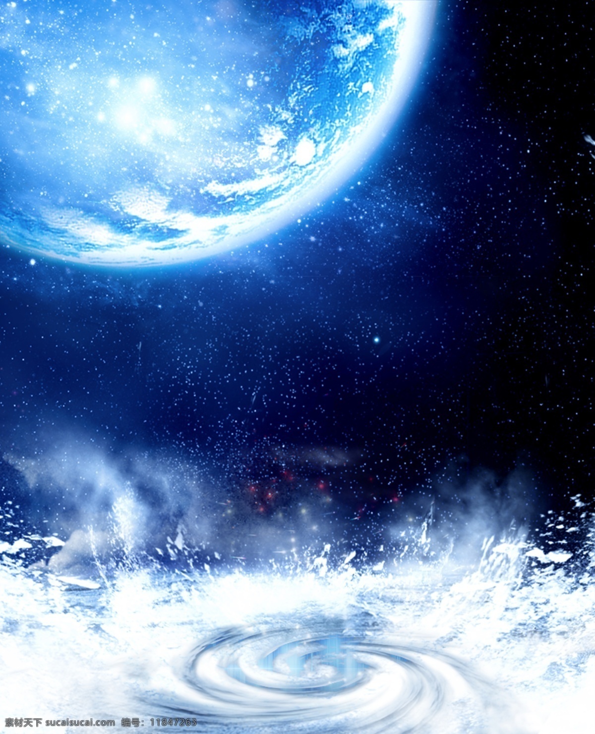 蓝色 星空 冰冻 水 旋涡 背景 海报 雪景海报 雪景 创意海报 月亮 蓝色球 冰 蓝色背景 水旋转 水浪