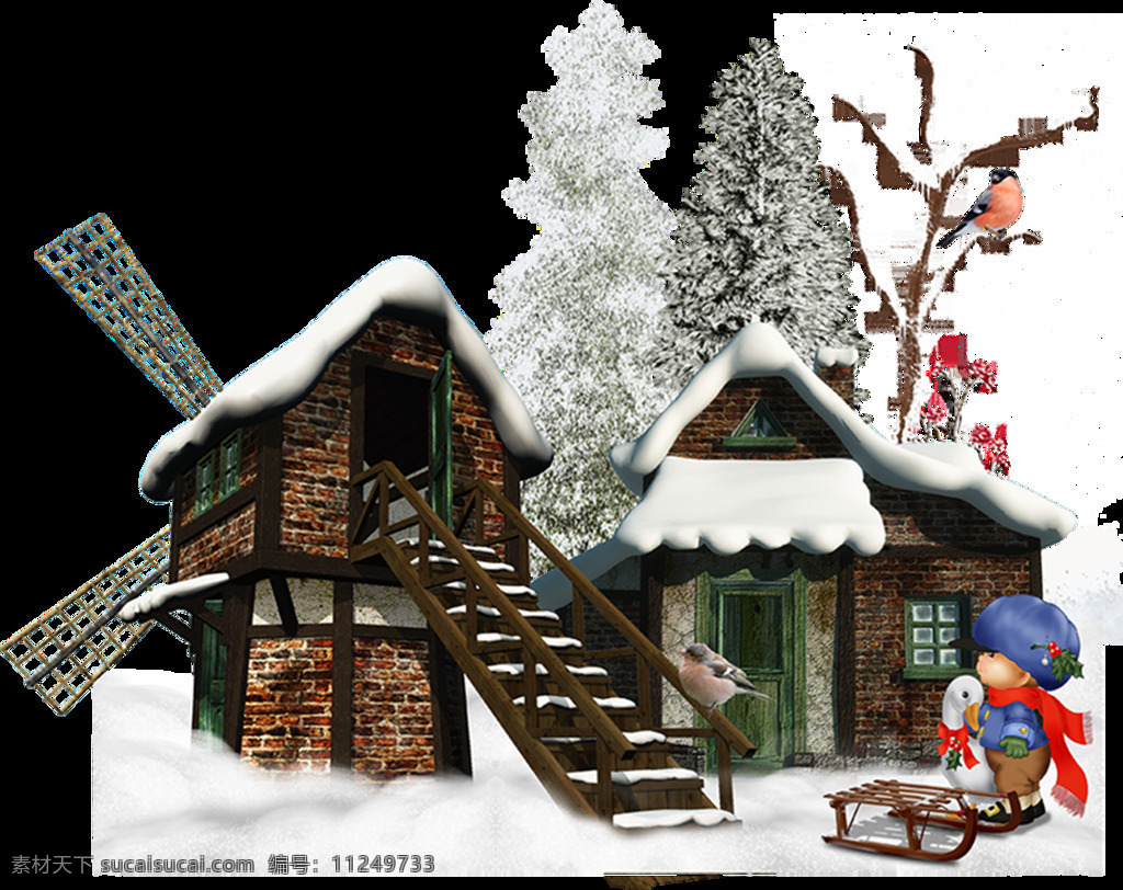 卡通 创意 冬季 小屋 元素 雪松
