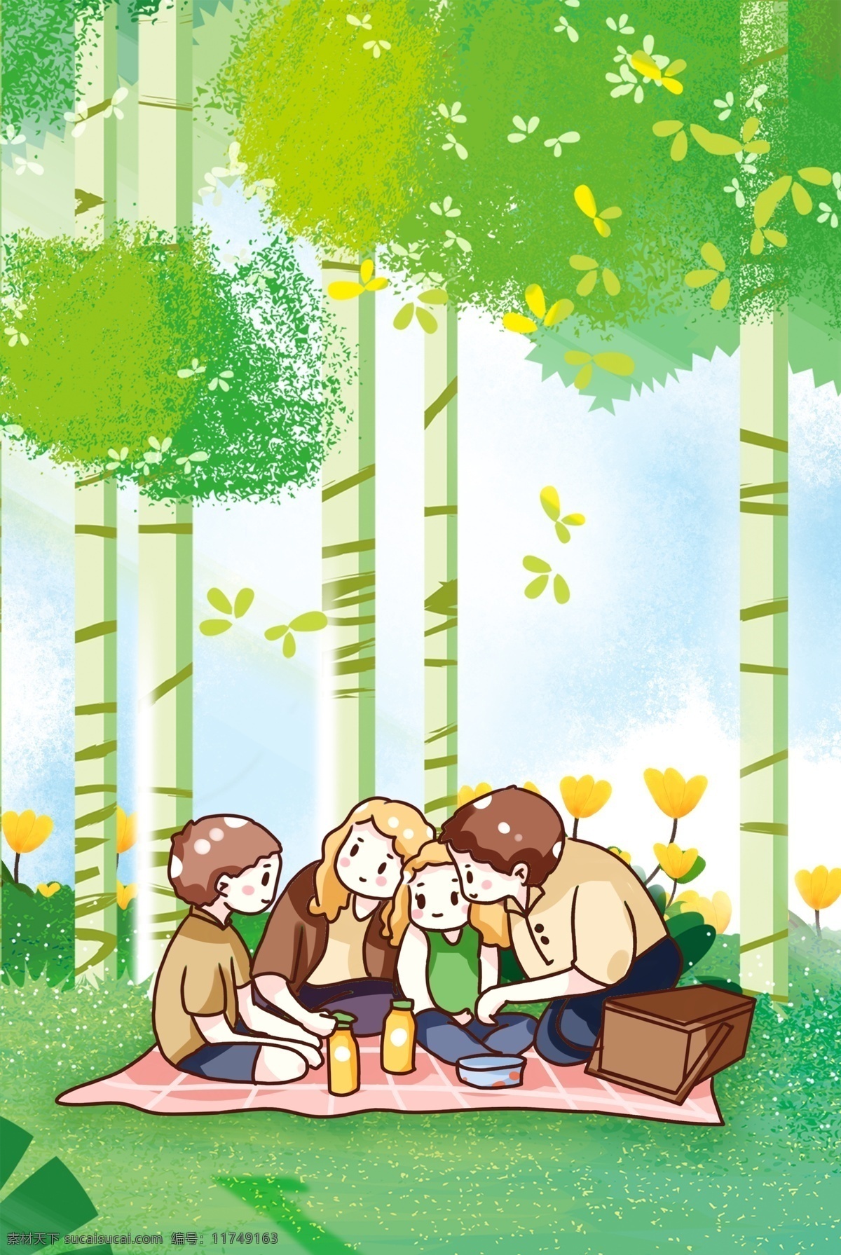 春天 郊外 海报 背景 绿色 森林 花草树木 野餐 家庭 家人 蓝天 草坪 生机勃勃 开心 温馨 快乐 活力