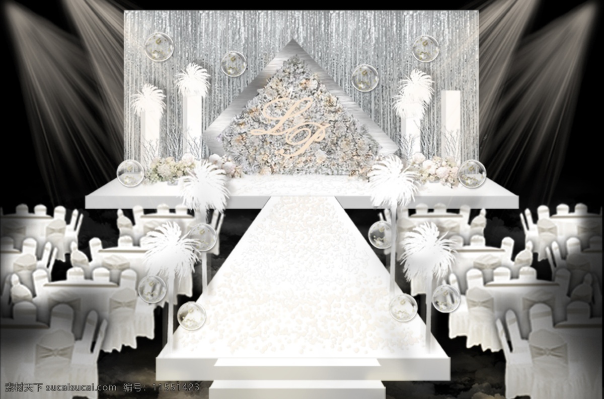 银灰色 简约 婚礼 舞台 效果图 婚礼效果图 主题 宴会设计 白色羽毛素材 亮片波波球 雨刮丝素材 创意 几何 结构 背景