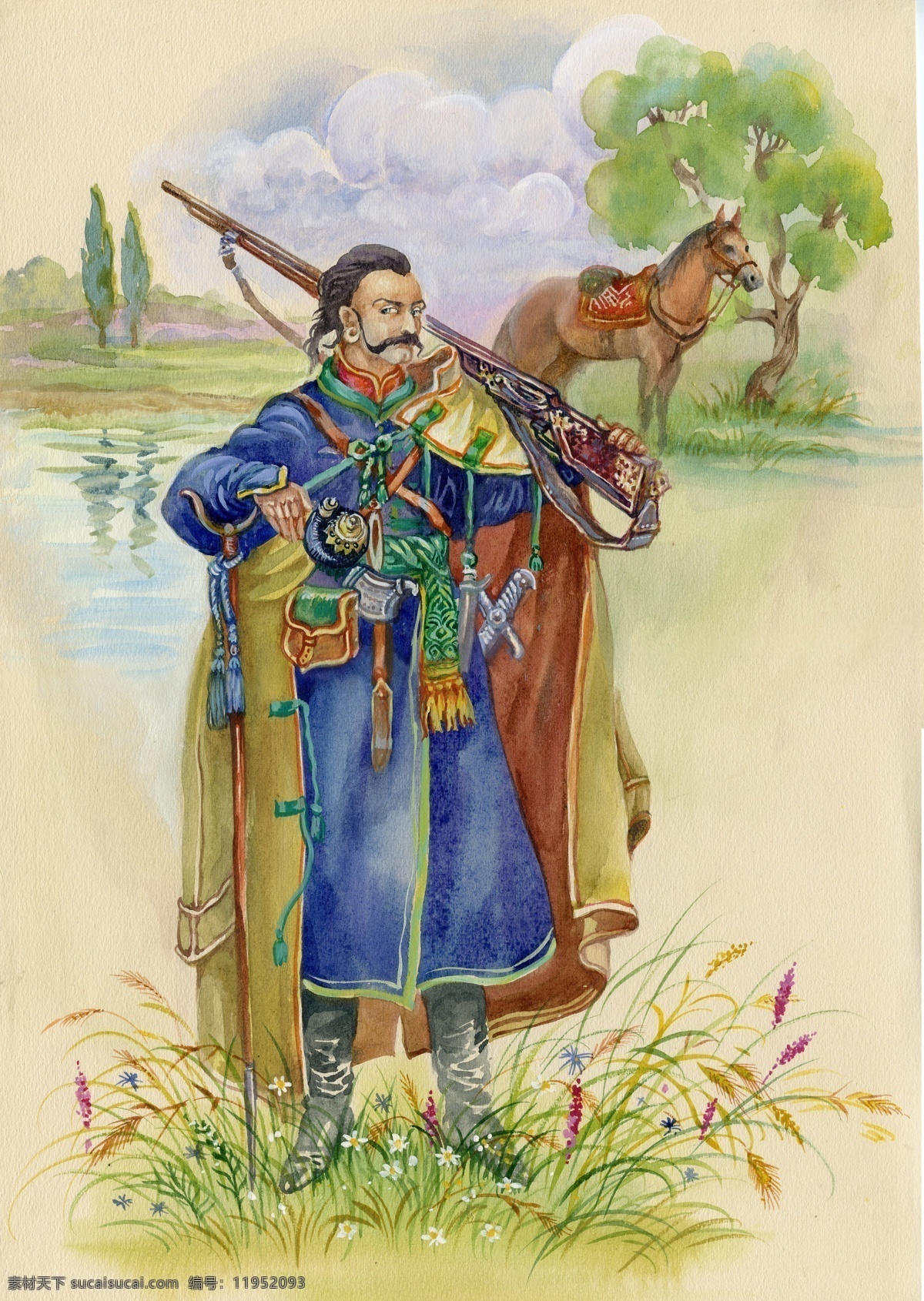 草地 上 扛 枪 欧洲 古代 男人 插画 扛着枪 欧洲古代男人 花朵 马匹 人物 书画文字 文化艺术