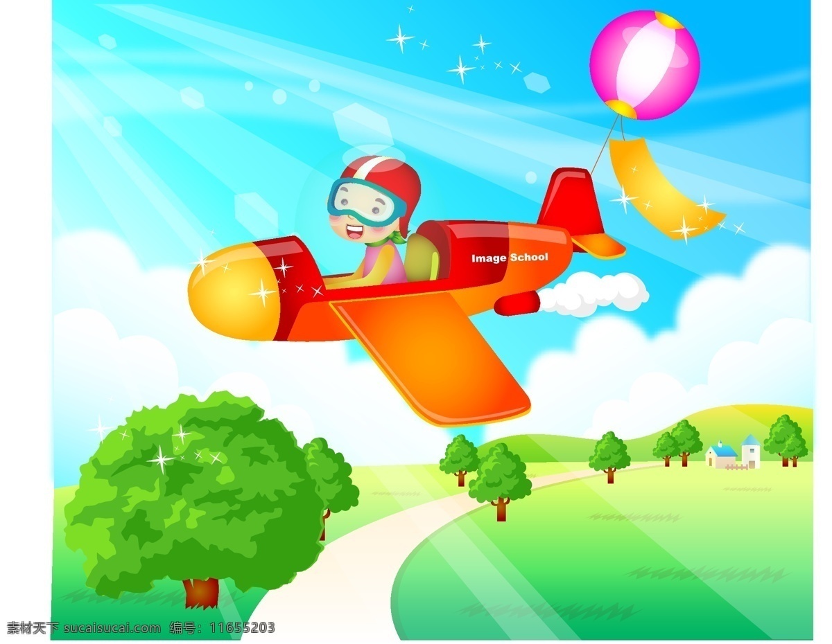 蓝天 白云 草地 树木 开飞机的小孩 动漫动画 风景漫画