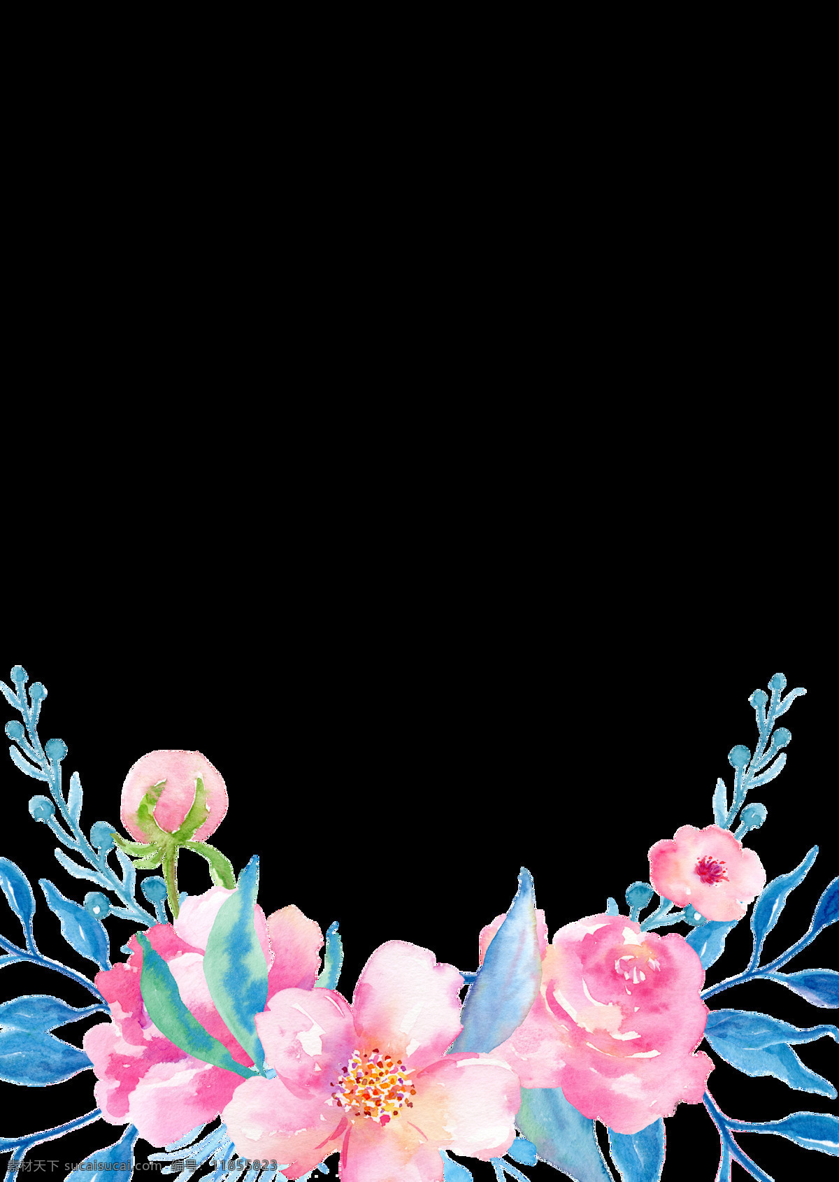 创意 花卉 装饰 免 扣 粉色 花朵 花蕊 蓝色 手绘 树叶