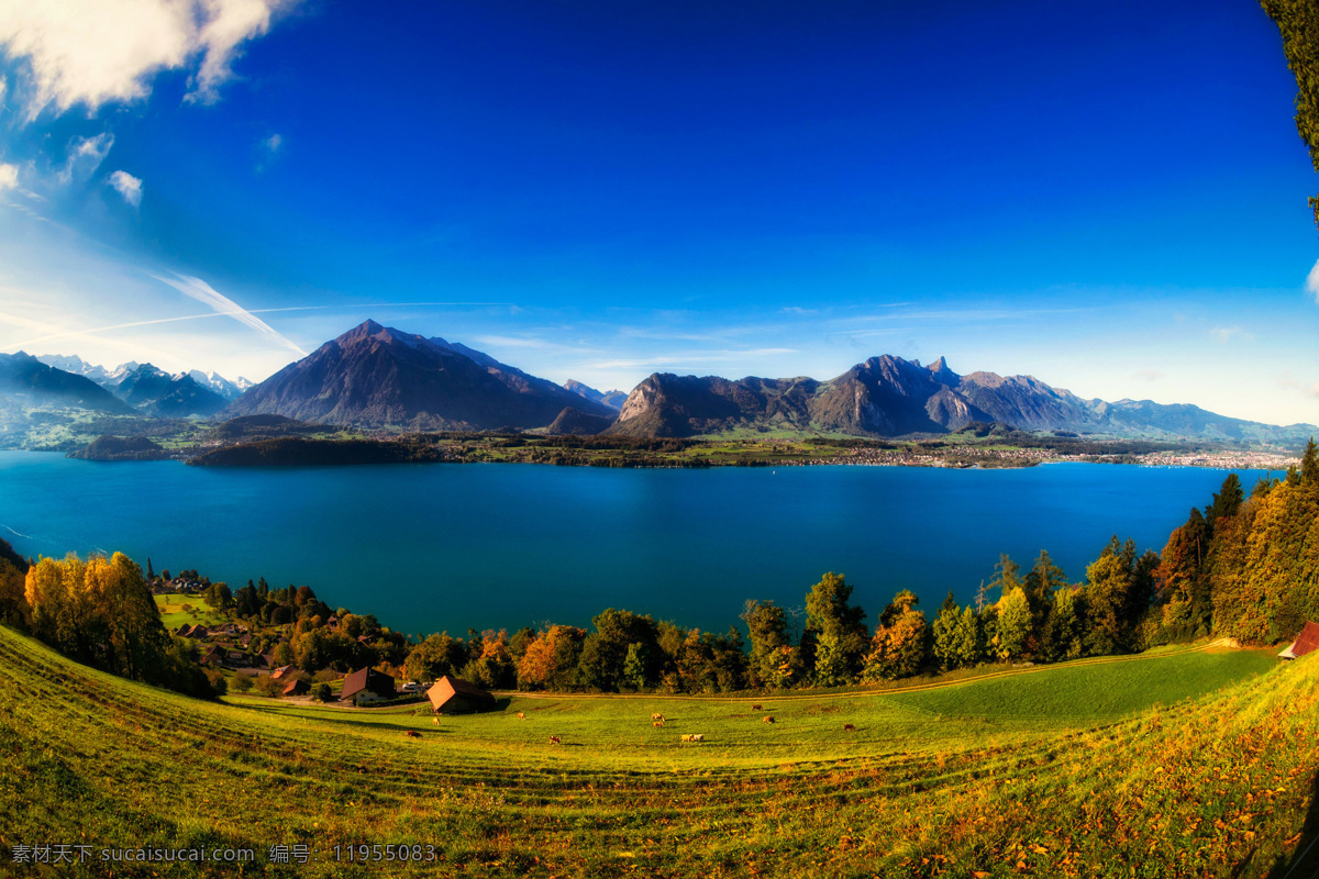 瑞士 山 秋季 湖泊 风景 岸 房屋 草甸 瑞士山 湖岸 湖水 蓝色 蓝天 白云 草地 自然景观 自然风景