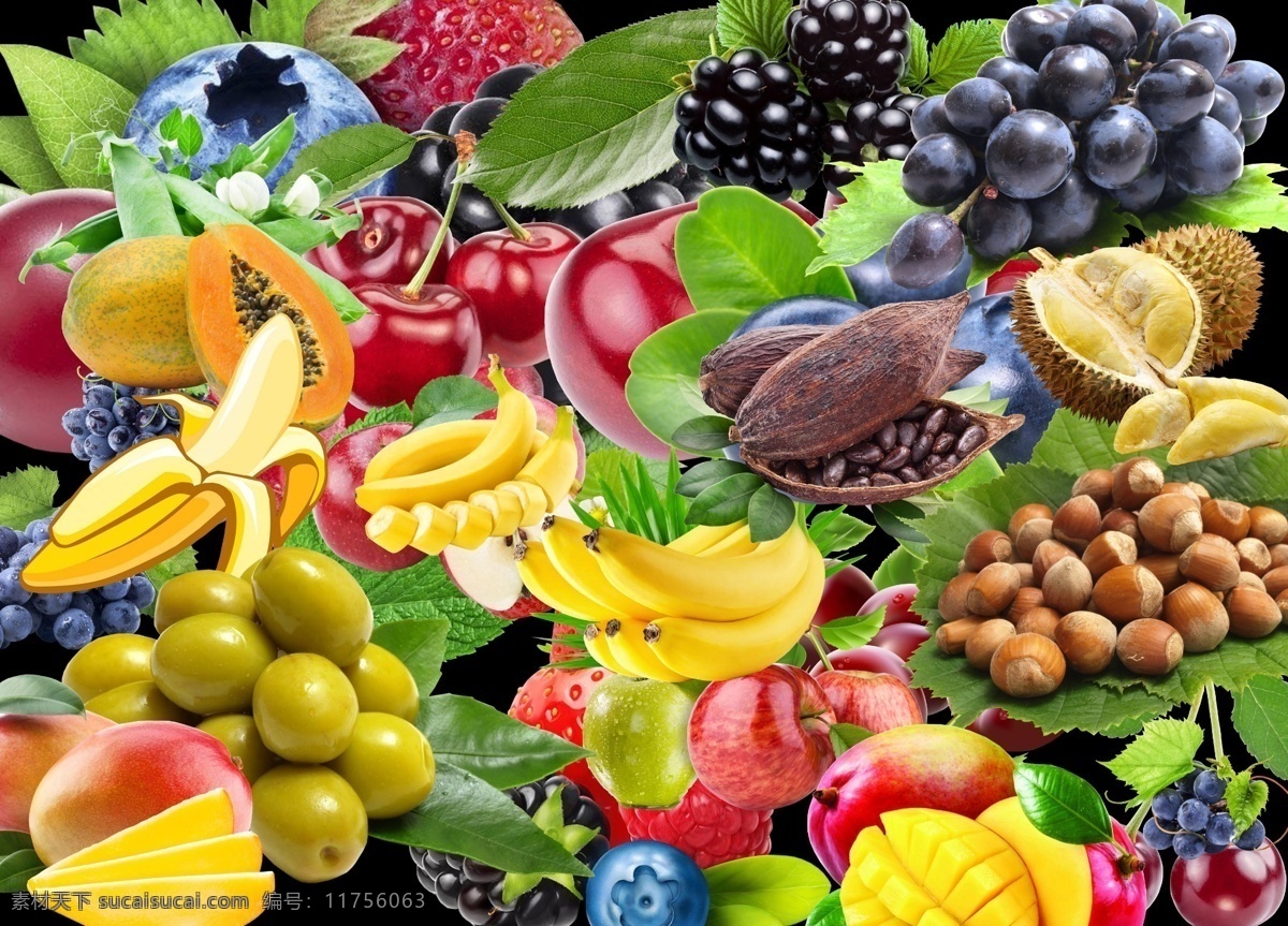 各种水果 高清水果 苹果 芒果 梨子 香蕉 蓝莓 葡萄 樱桃 石榴 桑葚 桃子 椰子 板栗分层图