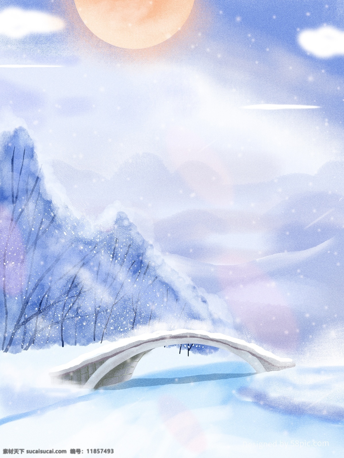 唯美 手绘 冬季 雪景 背景 雪地 拱桥 美景 冬季背景 下雪 psd背景 背景展板 特邀背景 促销背景 背景展板图 背景图