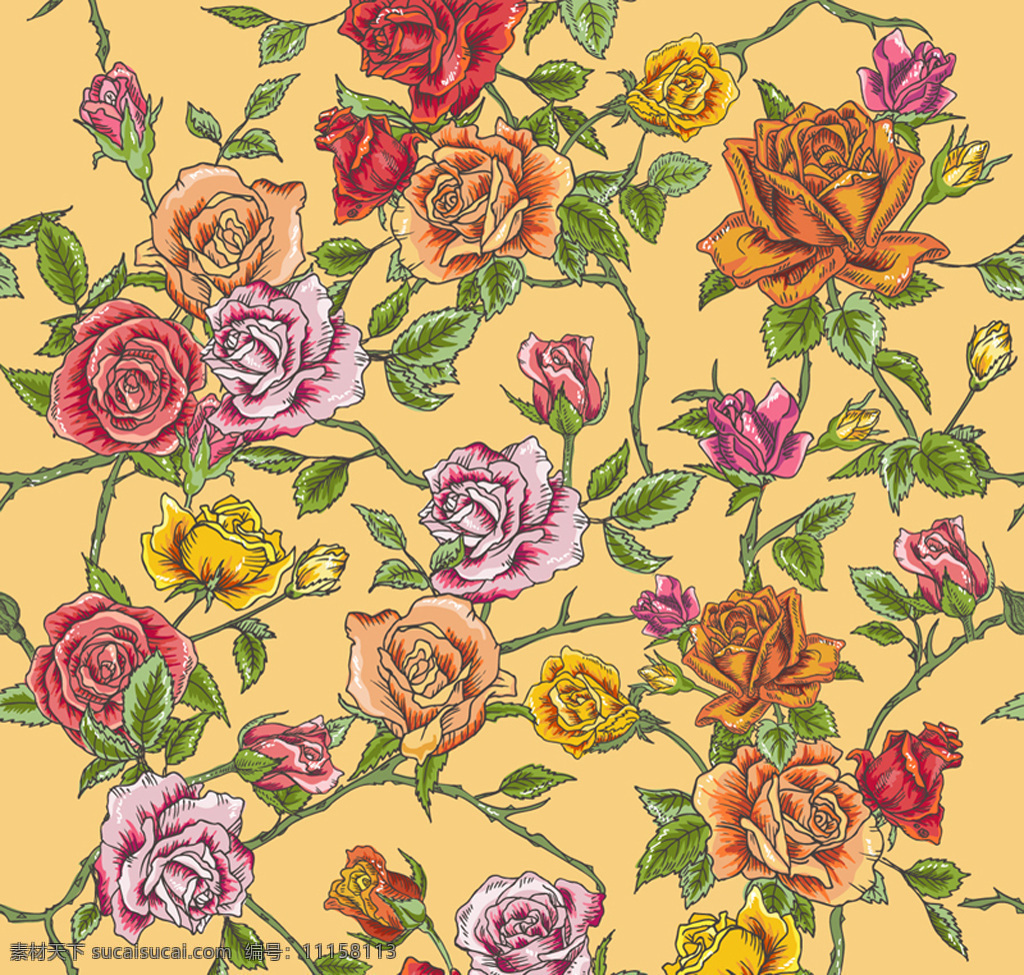 彩绘 复古 玫瑰 花丛 背景 手绘 水彩 黄色