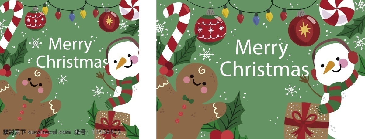可爱 圣诞 背景 雪人 姜饼 圣诞节 节日 卡通 绿色 装饰 过节 庆祝 狂欢 西方节日 假期 扁平 矢量