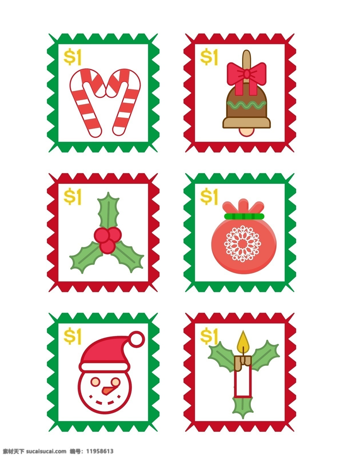 圣诞 邮票 邮戳 小 贴纸 可爱 卡通 礼物 矢量 商用 圣诞节 糖果 蜡烛 礼包 铃铛