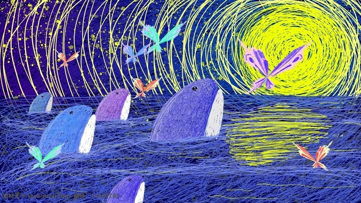 治愈 系 插画 深海 鲸鱼 歌 线圈 蝴蝶 夜空 月亮 配图 治愈系 鲸 海