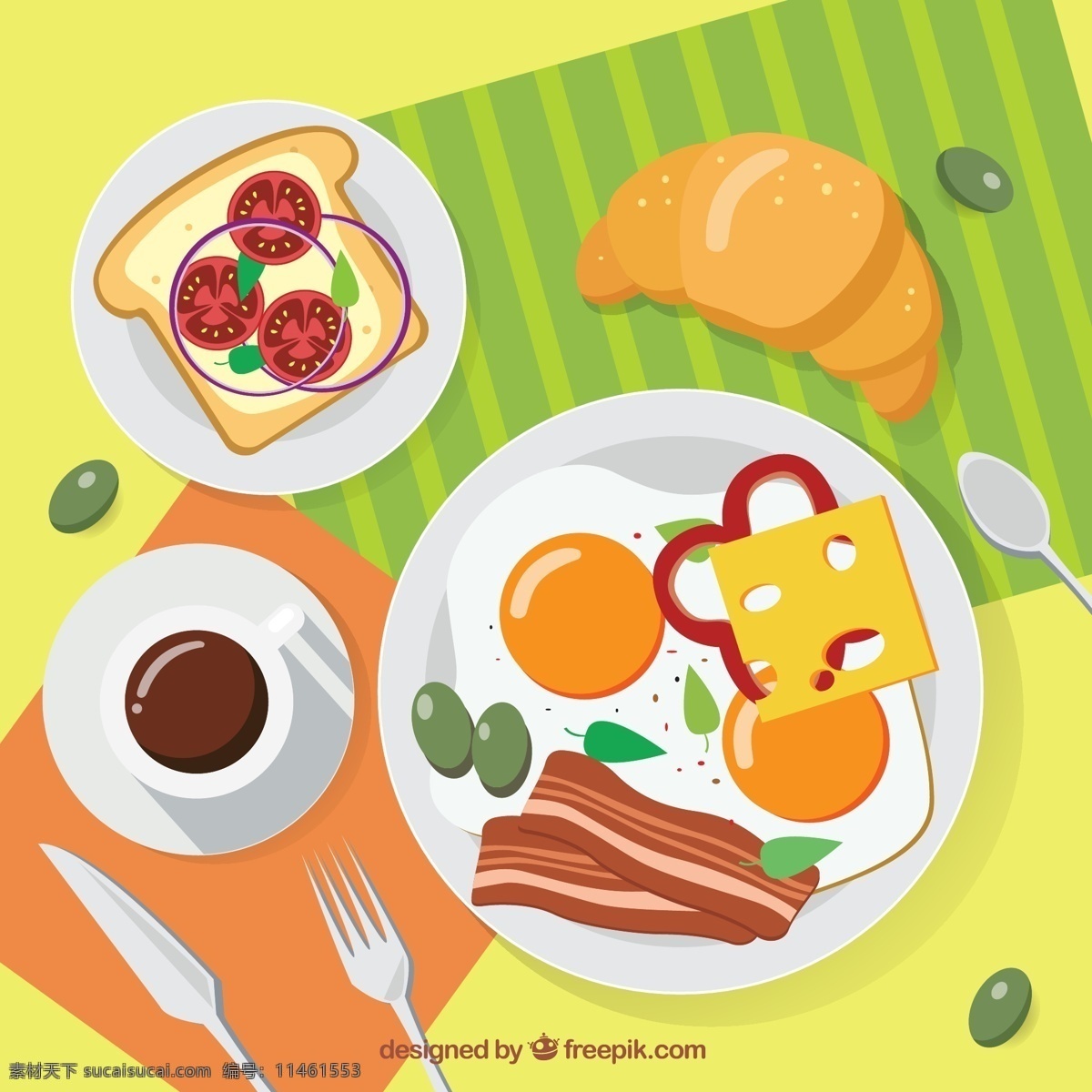 创意 健康 早餐 桌 矢量 面包片 番茄 牛角面包 奶酪 煎鸡蛋 培根 橄榄 餐勺 咖啡 餐叉 餐具 食物 餐桌 矢量图 ai格式 最新矢量图 画册设计