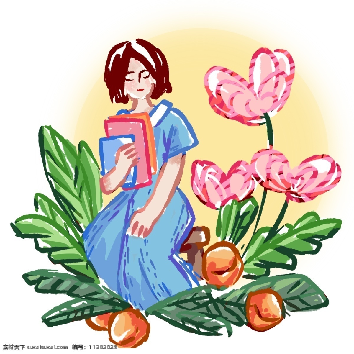 手绘 教师节 女 教师 商用 元素 鲜花 绿叶 植物 清新 女教师 桃李