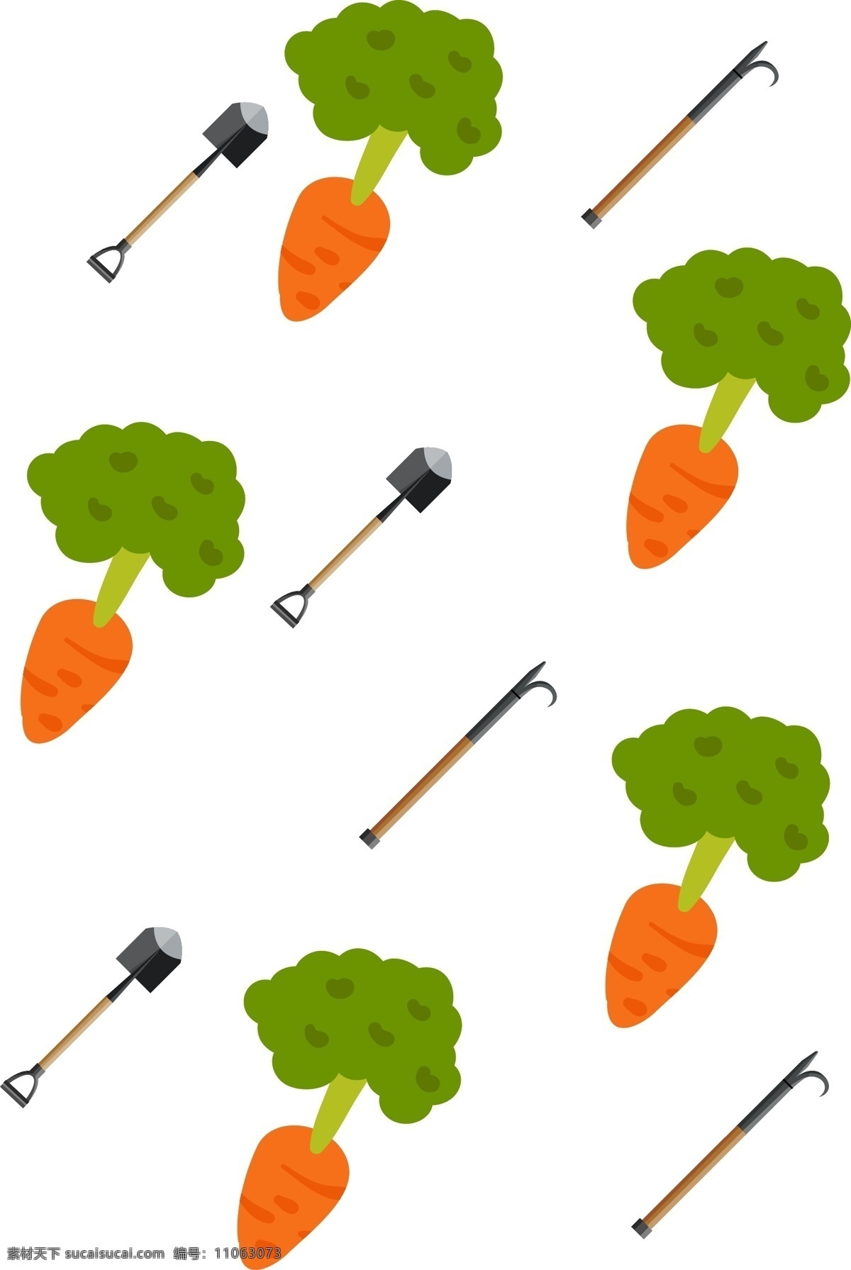 农业 底纹 胡萝卜 插画 绿色的叶子 红色的萝卜 卡通插画 手绘插画 农民 耕作物 粮食 耕具 黑色的铲子