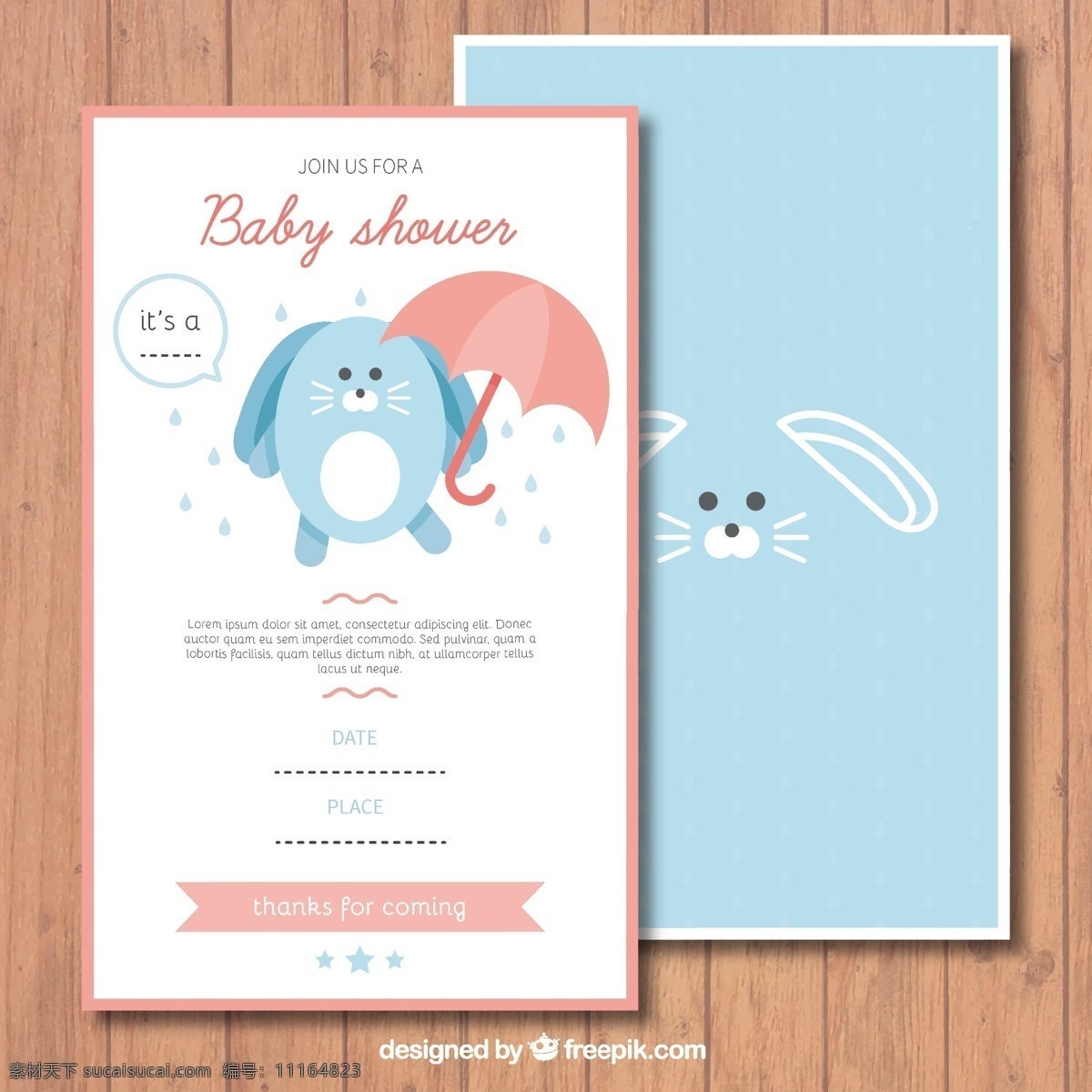 蓝色 粉红色 装饰 婴儿 淋浴 邀请 贺卡 模板 婴儿淋浴 请柬 庆祝 儿童 平板 新 兔 伞 平面设计 公告