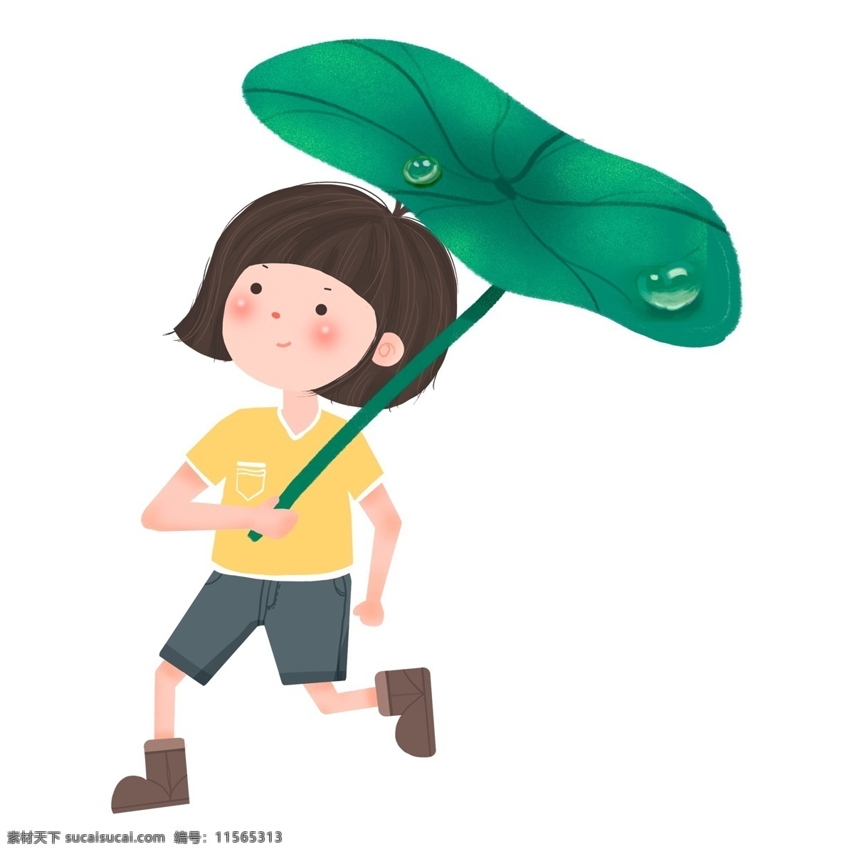 卡通 简约 荷叶 女孩 装饰 透明素材 拿荷叶的女孩 人物元素 装饰元素