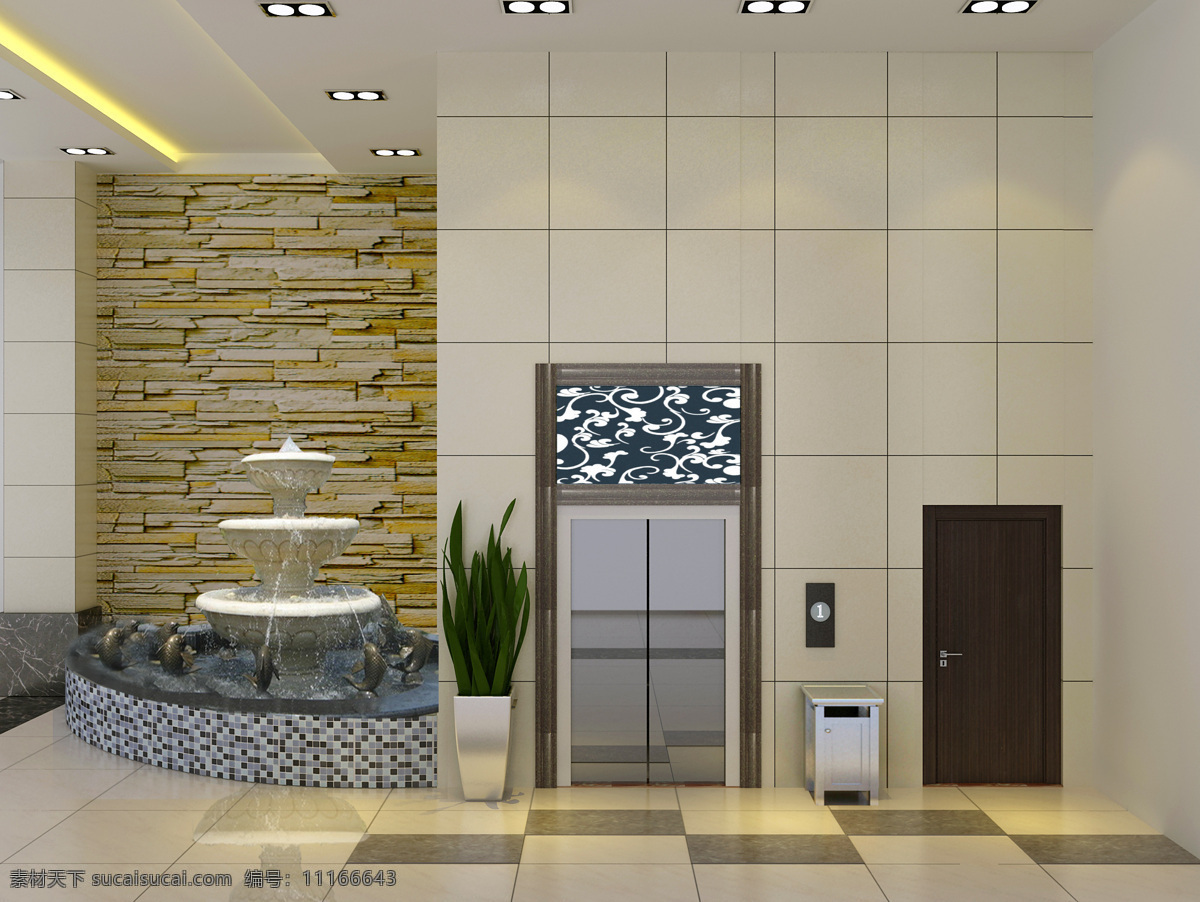 电梯口 电梯 喷泉 花草 植物 垃圾桶 室内设计 效果图 室内效果图 效果图设计 环境设计