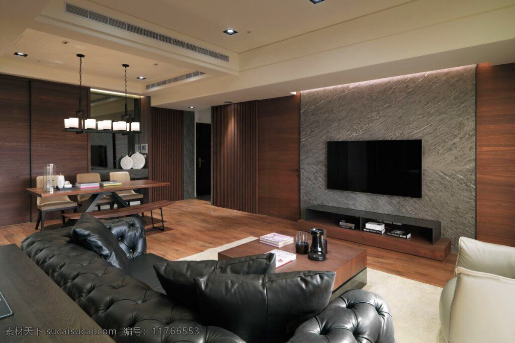现代 轻 奢 客厅 木制 背景 墙 室内装修 效果图 客厅装修 长吊灯 木地板 黑色沙发