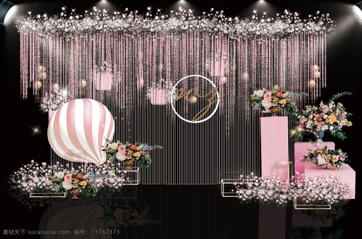 粉色 热气球 婚礼 迎宾 区 合影 效果图 网格背景 花盒 花串 粉色婚礼 金色圆球 金色铁艺 粉红色柱子 粉色鲜花花艺
