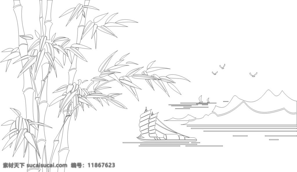 江南风韵 雕刻 镂空 竹子 风景 背景墙 矢量 玻璃雕刻 矢量刻绘图库 美术绘画 文化艺术