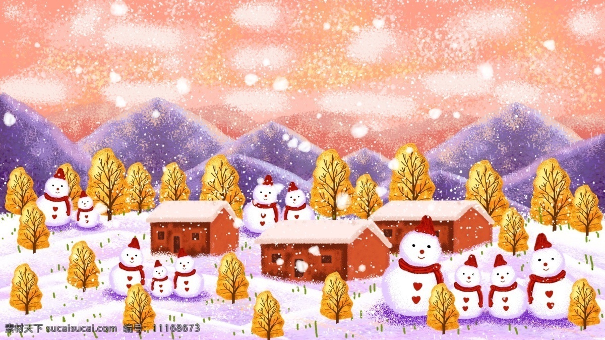 月 你好 雪 下 堆 雪人 插画 枫树 房子 微博配图 12月你好 手机用图 公众号配图