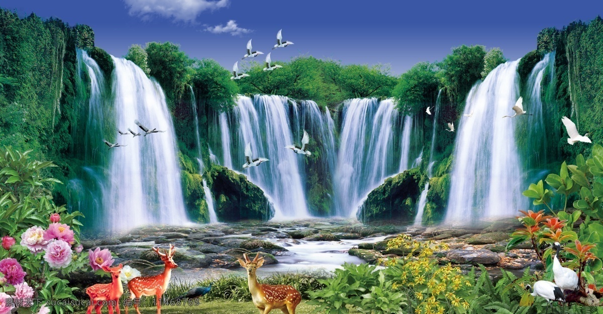山水瀑布 麋鹿 山水 瀑布 蓝天 鹤 花 自然风景 自然景观 自然风光