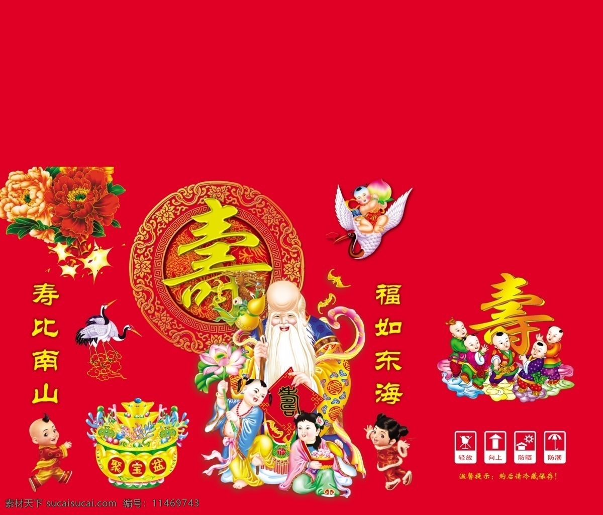 福寿 瓦楞 盒 展开 图 福 寿 瓦楞盒 红色底 传统图案 吉祥 寿星 福娃 白鹤 红花 聚宝盆 包装设计 分层