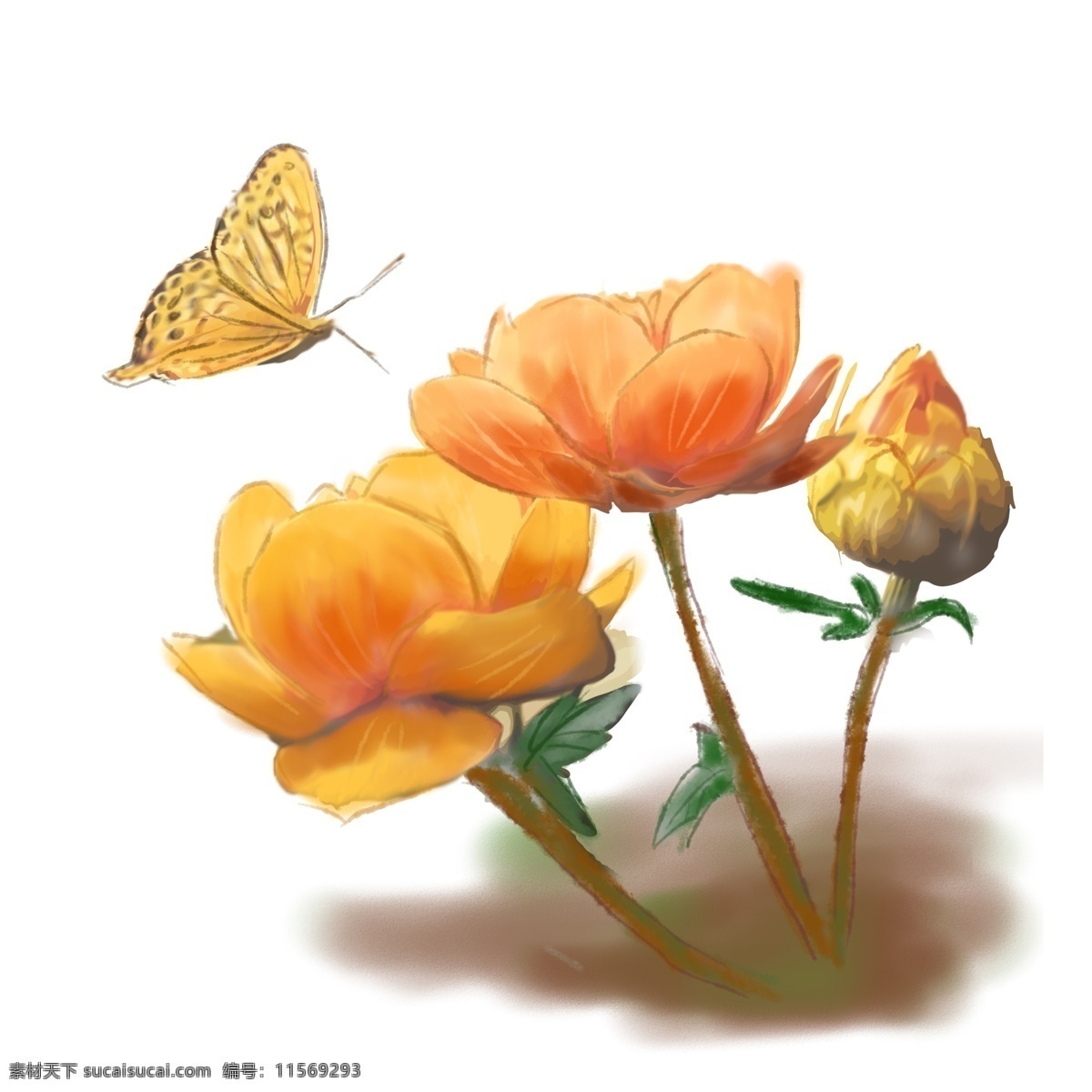 原创 手绘 黄色 花朵 花束 蝴蝶 商用 元素 设计元素 装饰 可商用
