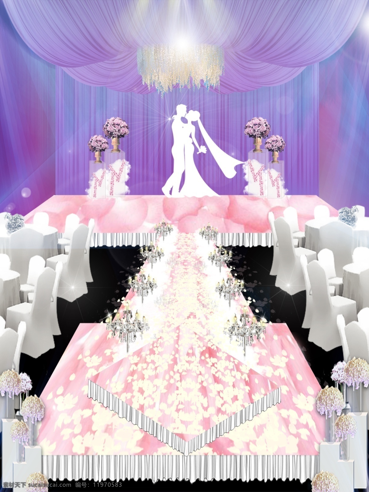 梦幻 粉色 鲜花 台 婚礼 效果图 浪漫 花瓣 婚礼效果图 分层